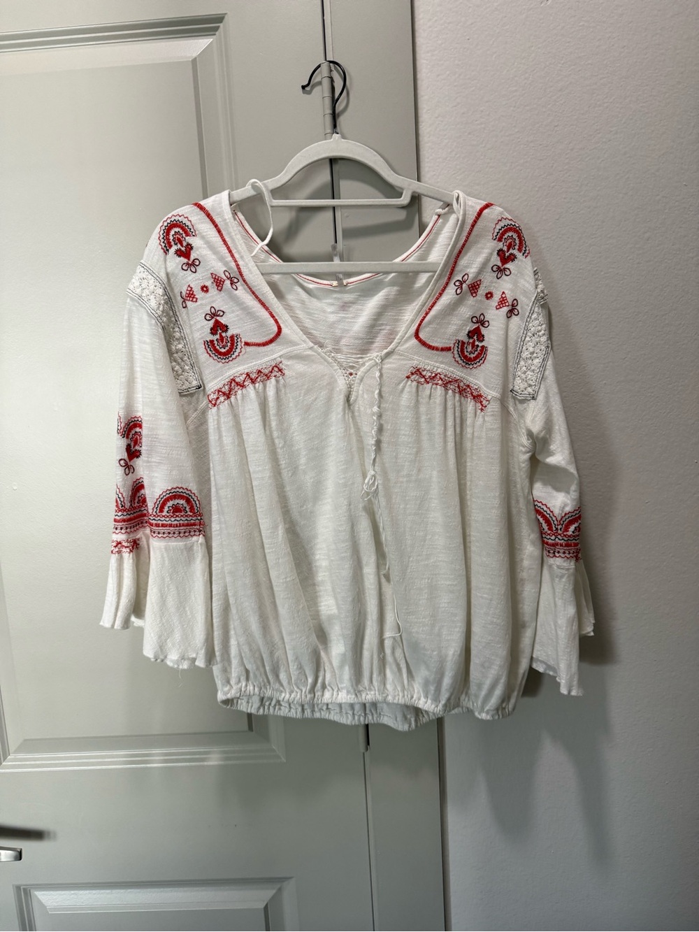 Free People White Tunic with Red Embroidered Accents